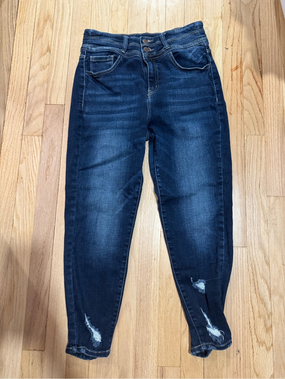 KanCan Dark Blue High-Rise Ankle Crop Jeans with Knee Distress